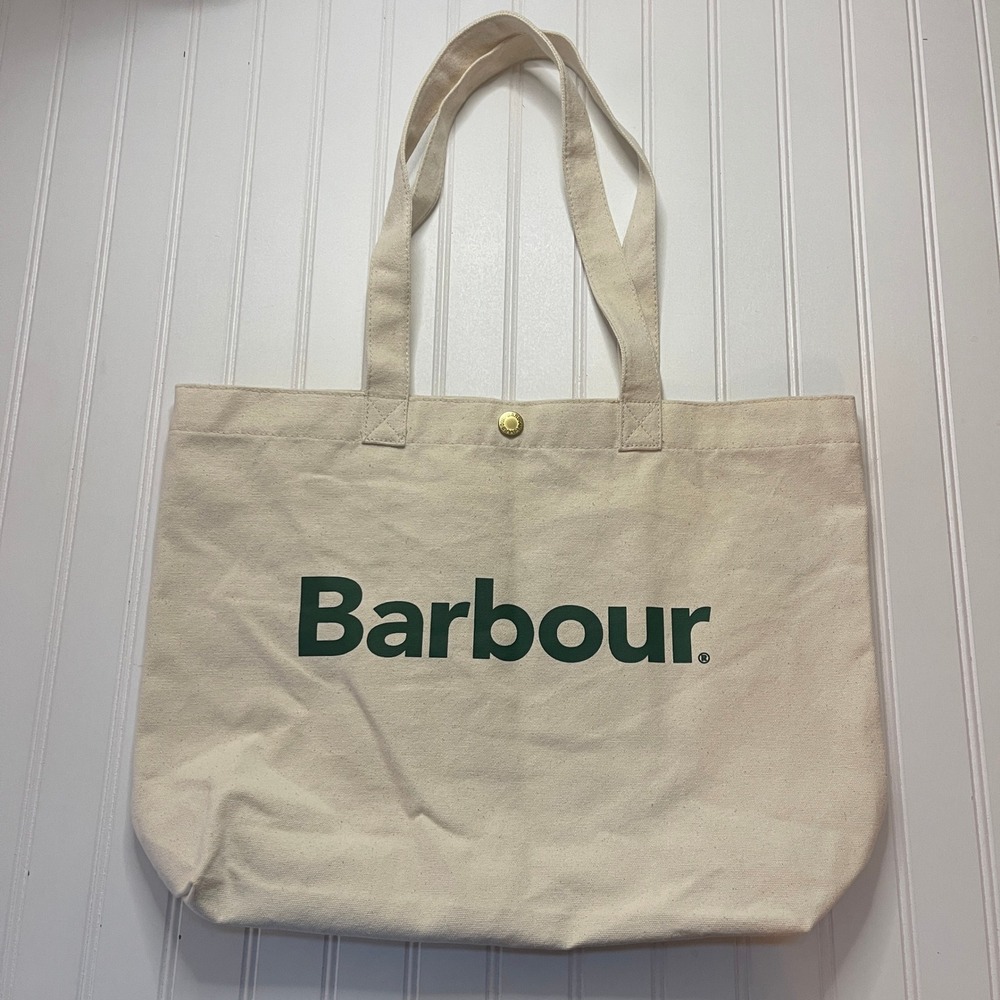 Barbour Canvas Tote Bag Cream Green Logo Snap Closure Shoulder Bag Large